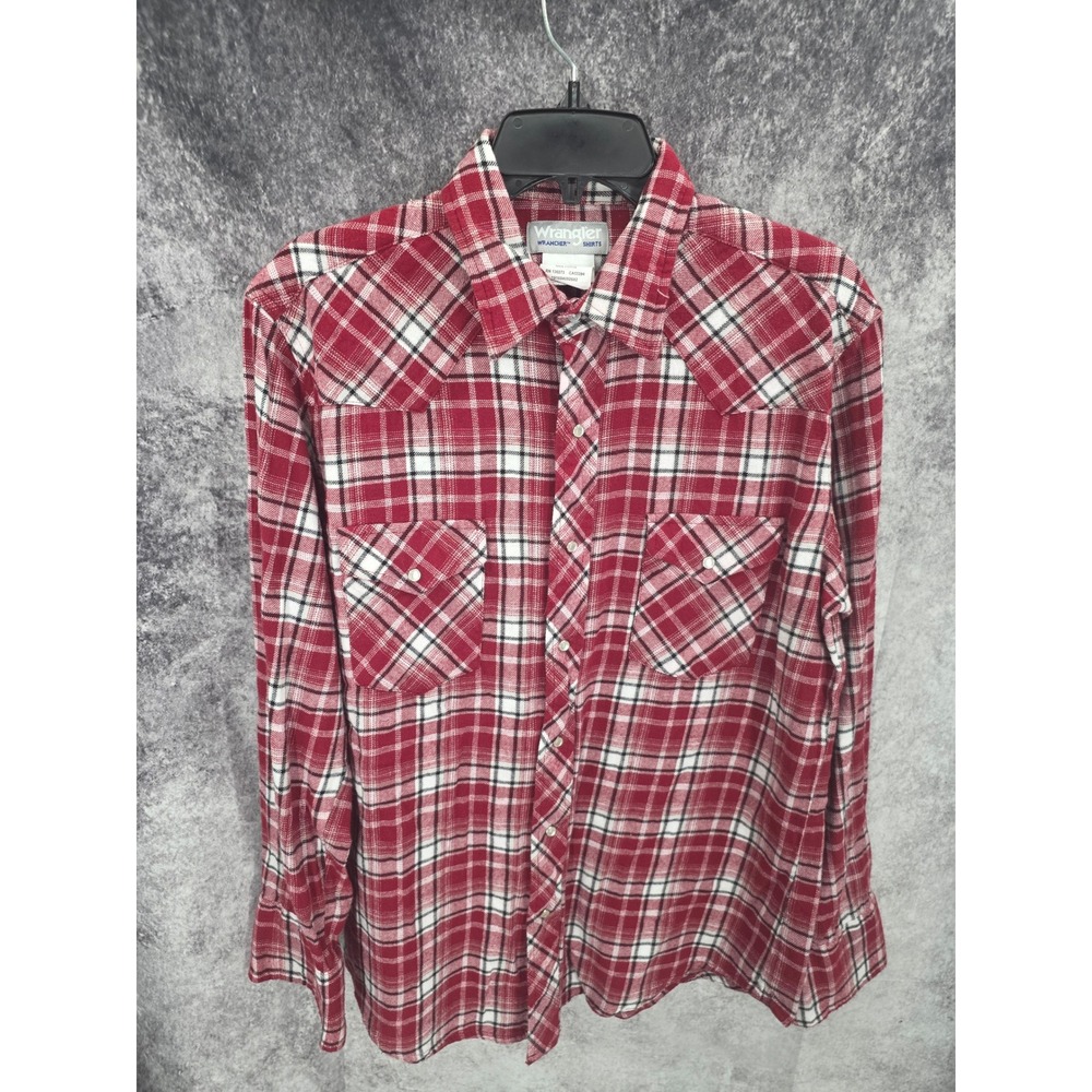 Wrangler Wrancher Western Flannel Shirt Men Large Red Plaid Cowboy Rodeo Rancher